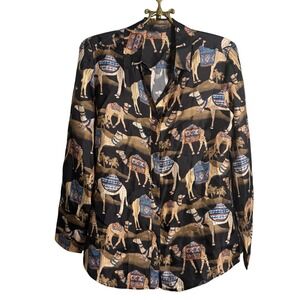 J.McLaughlin Womens Silk Blend Camel Desert Button Down Shirt Black Brown S